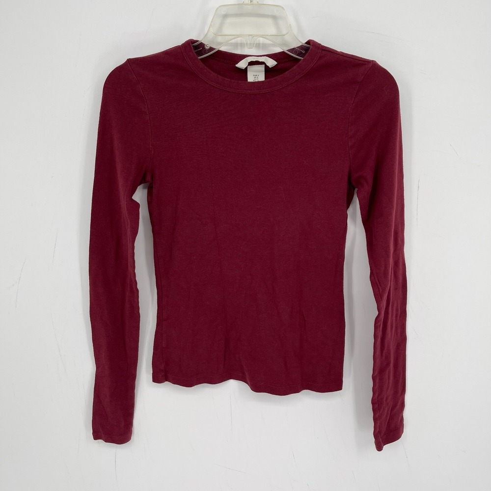 H&M Women's Burgundy Ribbed Stretch Long Sleeve Crew Neck Pullover Top Size S